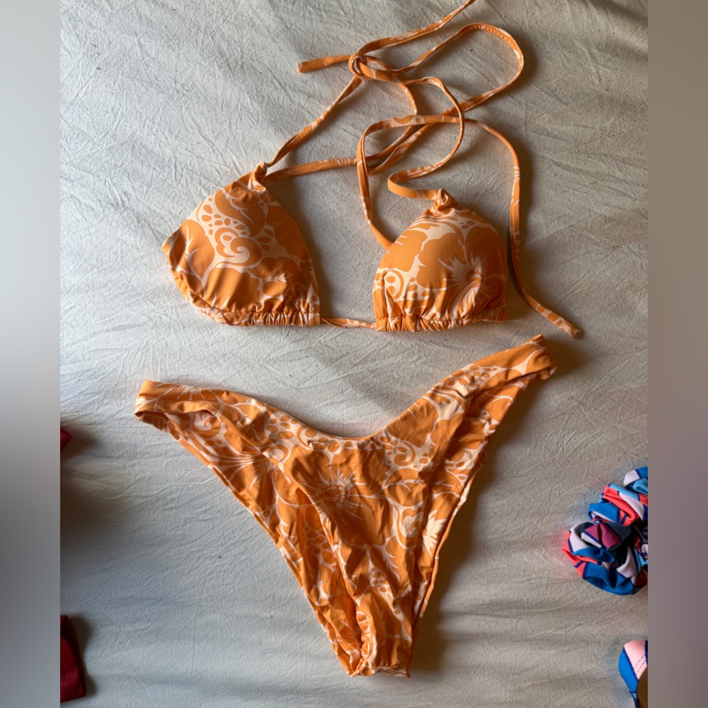 Sunday brunch Orange Floral Print Tie-Strap Bikini Set